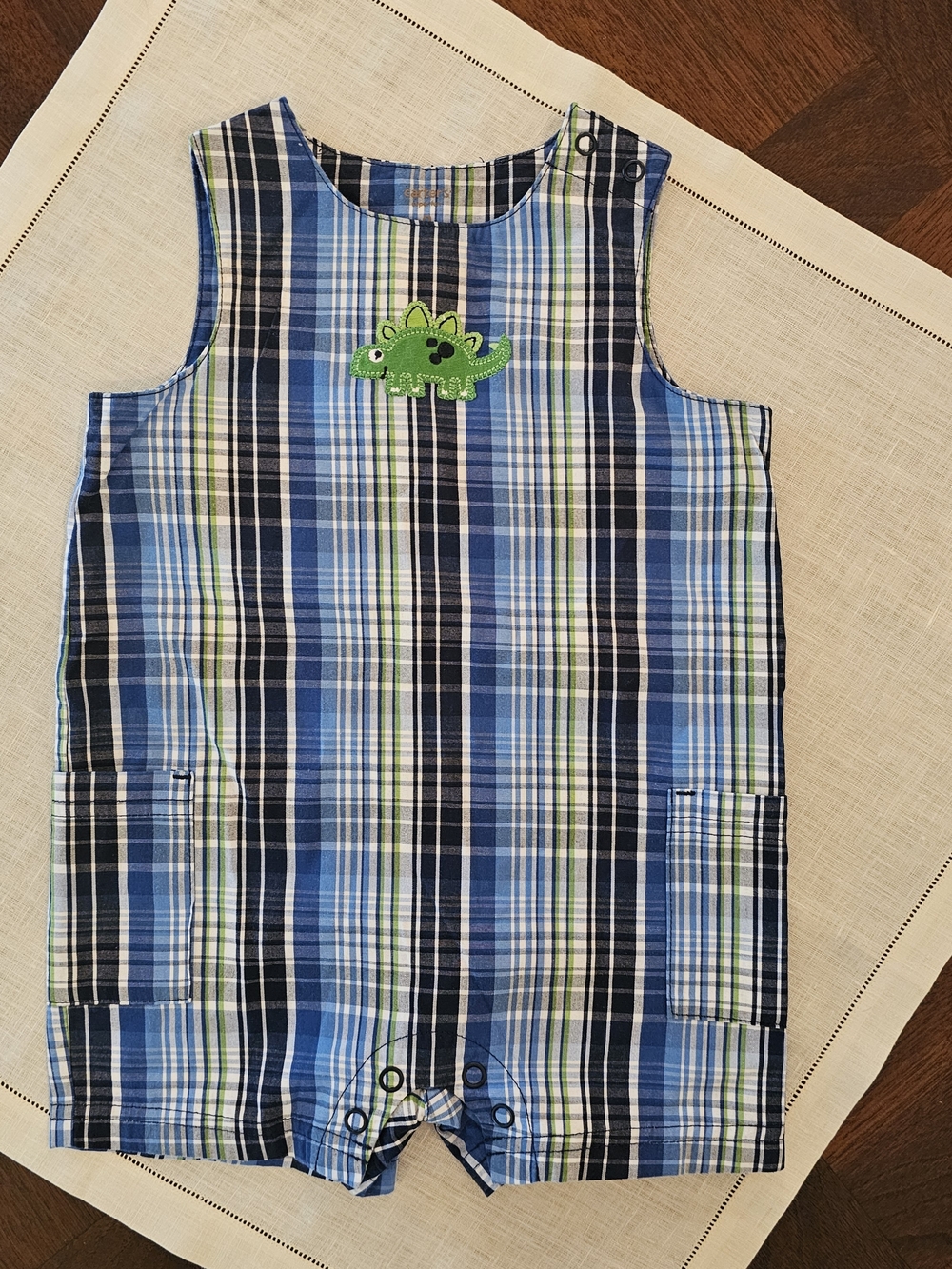 Carter's Baby Boy Blue Plaid Sleeveless Romper w/ Dinosuar Applique Sz 9M